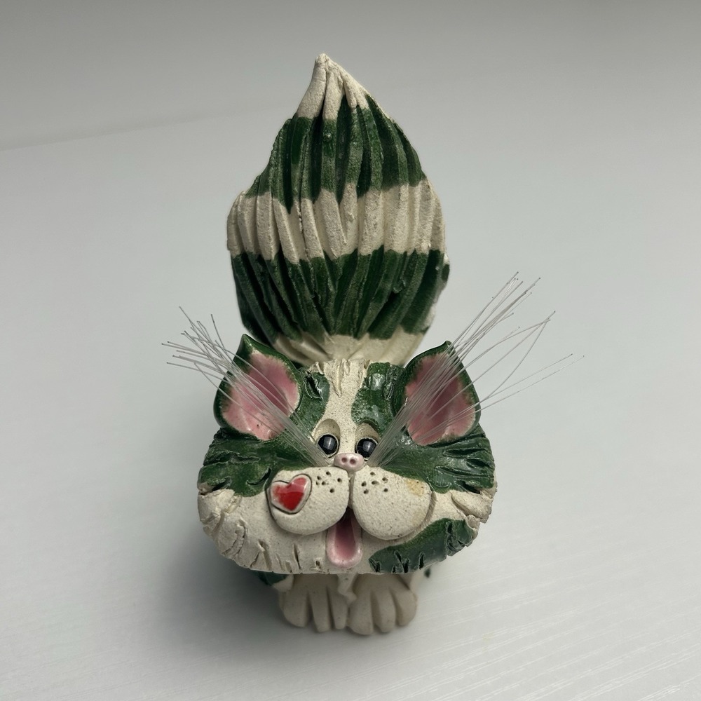Pence Pets Celadon Green Striped Kitty Cat w/ Whiskers Figurine Signed 1993